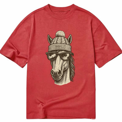 Kentucky Thoroughbred Horse wearing Louisville beanie with pom pom and wayfarer - Classic T-shirt - Red