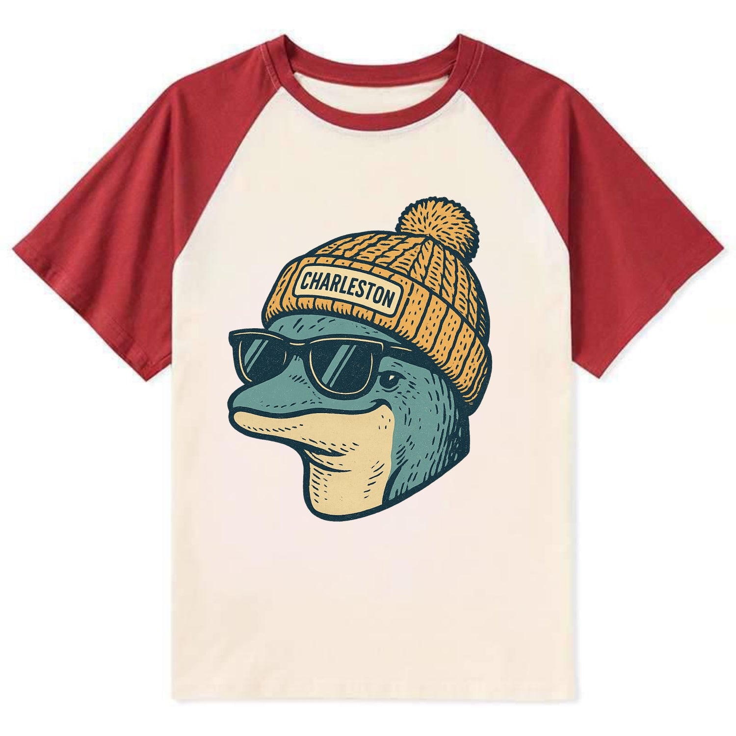 Charleston Dolphin wearing Charleston beanie with pom pom and wayfarer - Contrast Raglan T-shirt - Red