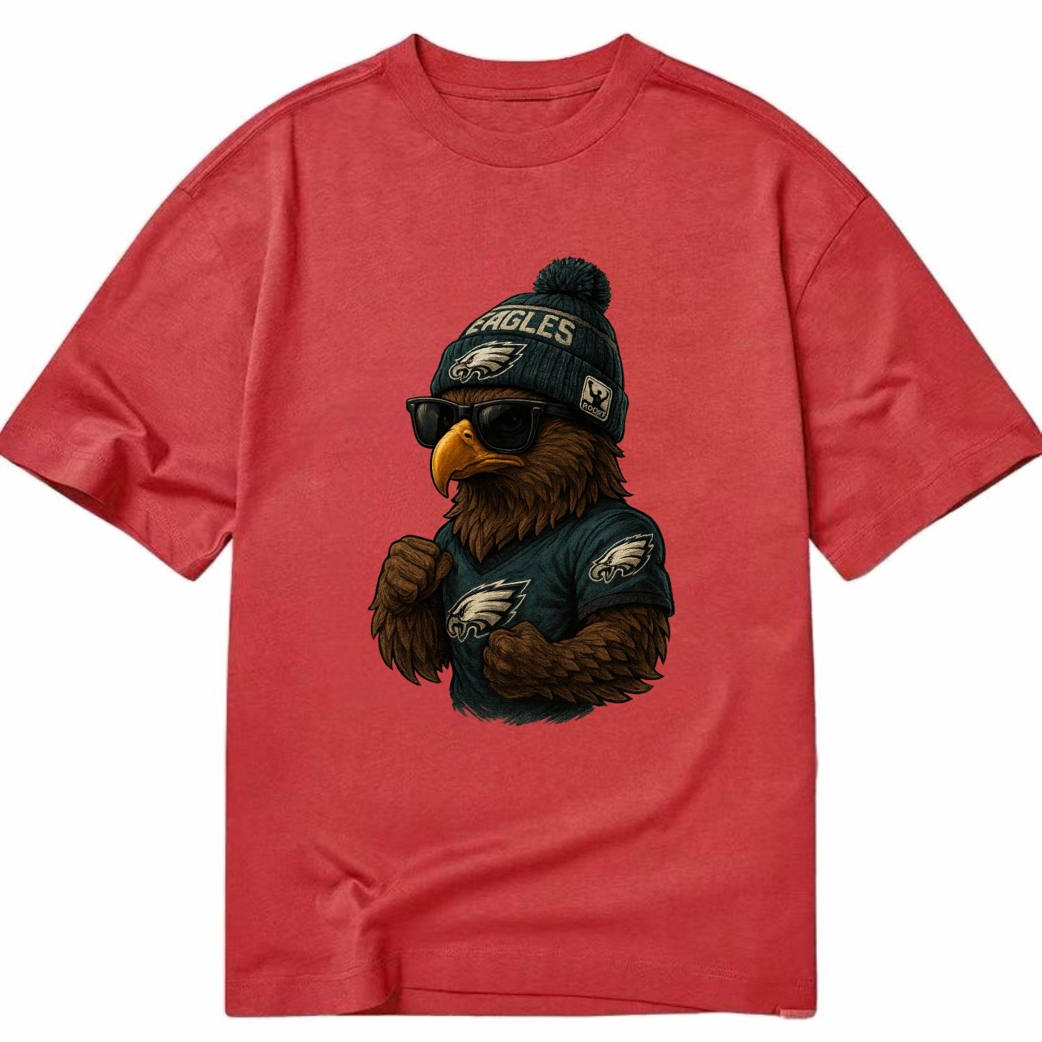 Philly Hawk wearing Eagles beanie with Rocky patch and wayfarer sunglasses - Classic T-shirt - Red