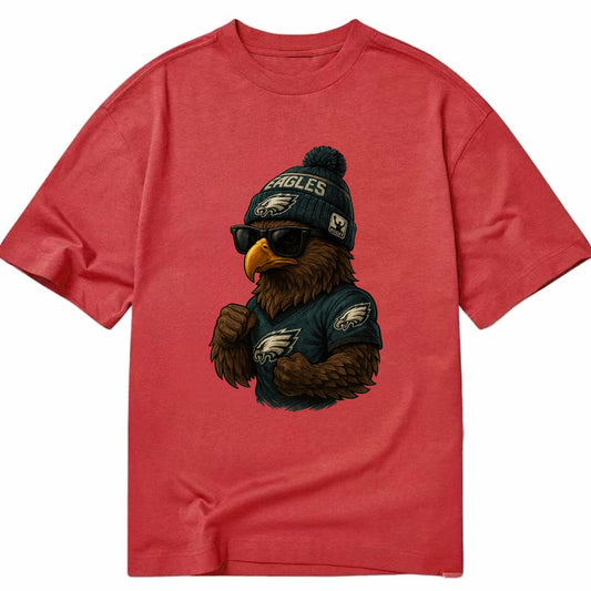 Philly Hawk wearing Eagles beanie with Rocky patch and wayfarer sunglasses - Classic T-shirt - Red