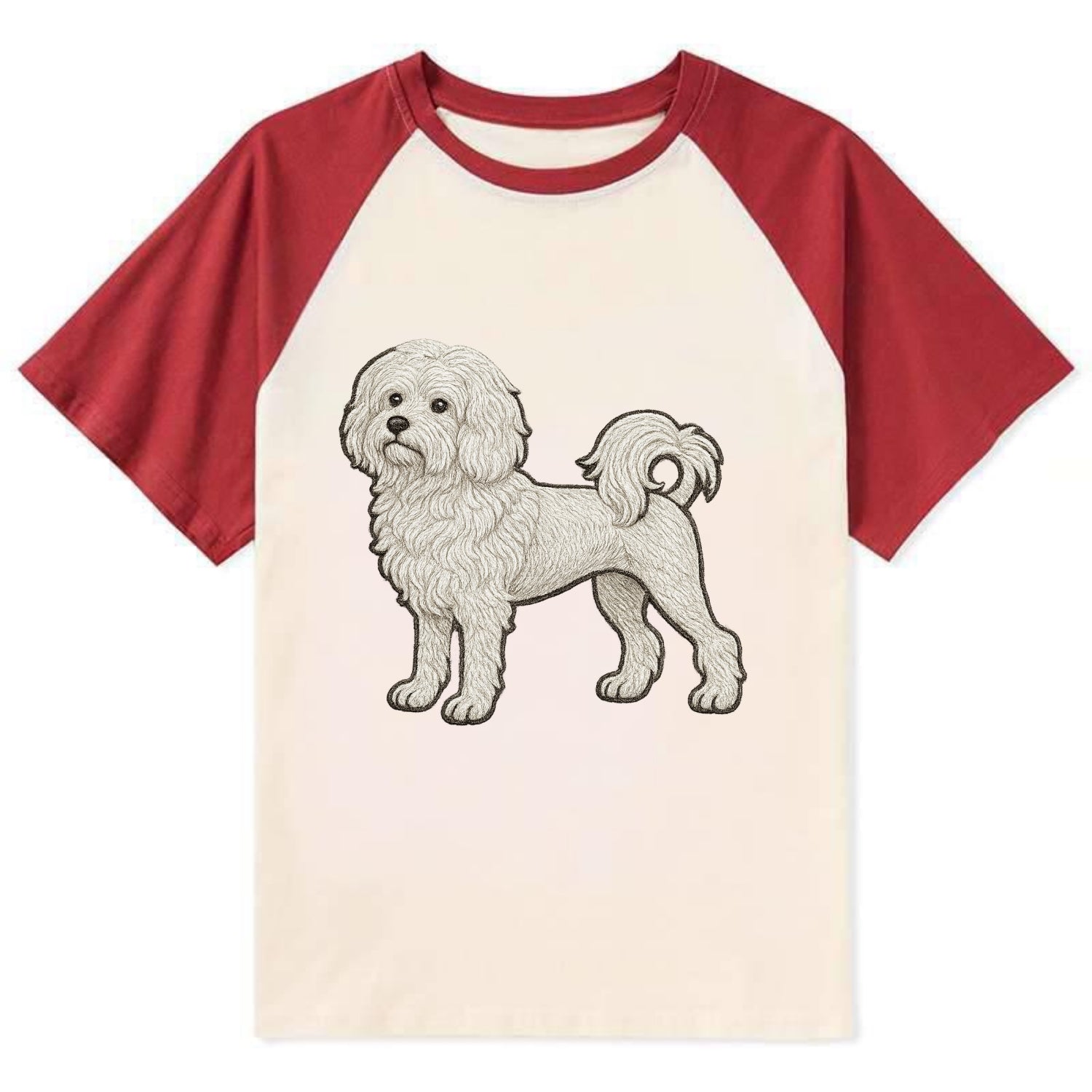Löwchen - Little Lion Dog white embroidered pose - Contrast Raglan T-shirt - Red