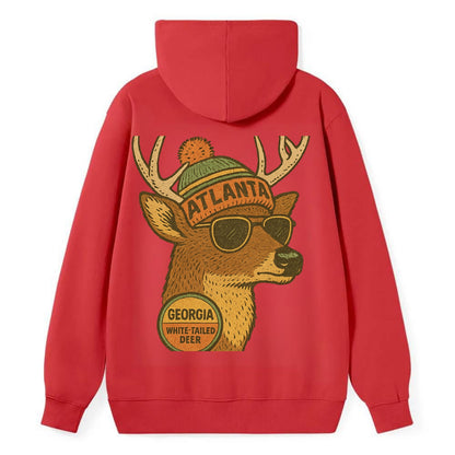 Georgia White-tailed Deer wearing Atlanta beanie with pom pom and - Classic Pullover Hoodie - Red