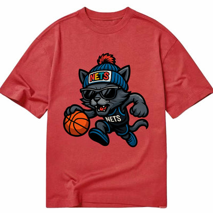 Brooklyn Cat wearing Nets beanie with street art patch and wayfarer sunglasses - Classic T-shirt - Red