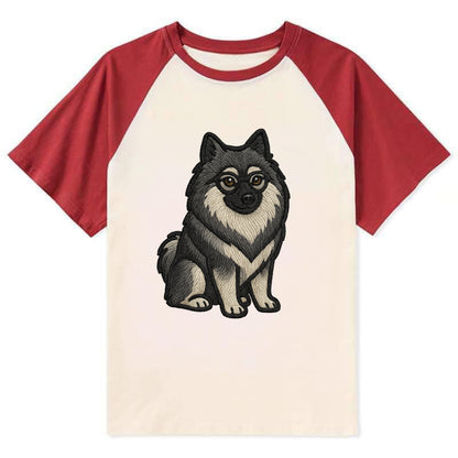 Keeshond - Gray and black spectacles embroidered design - Contrast Raglan T-shirt - Red