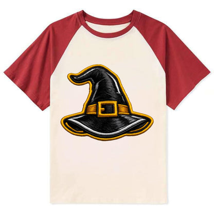 WITCH HAT - pointed hat with buckle in black and gold , coven - Contrast Raglan T-shirt - Red