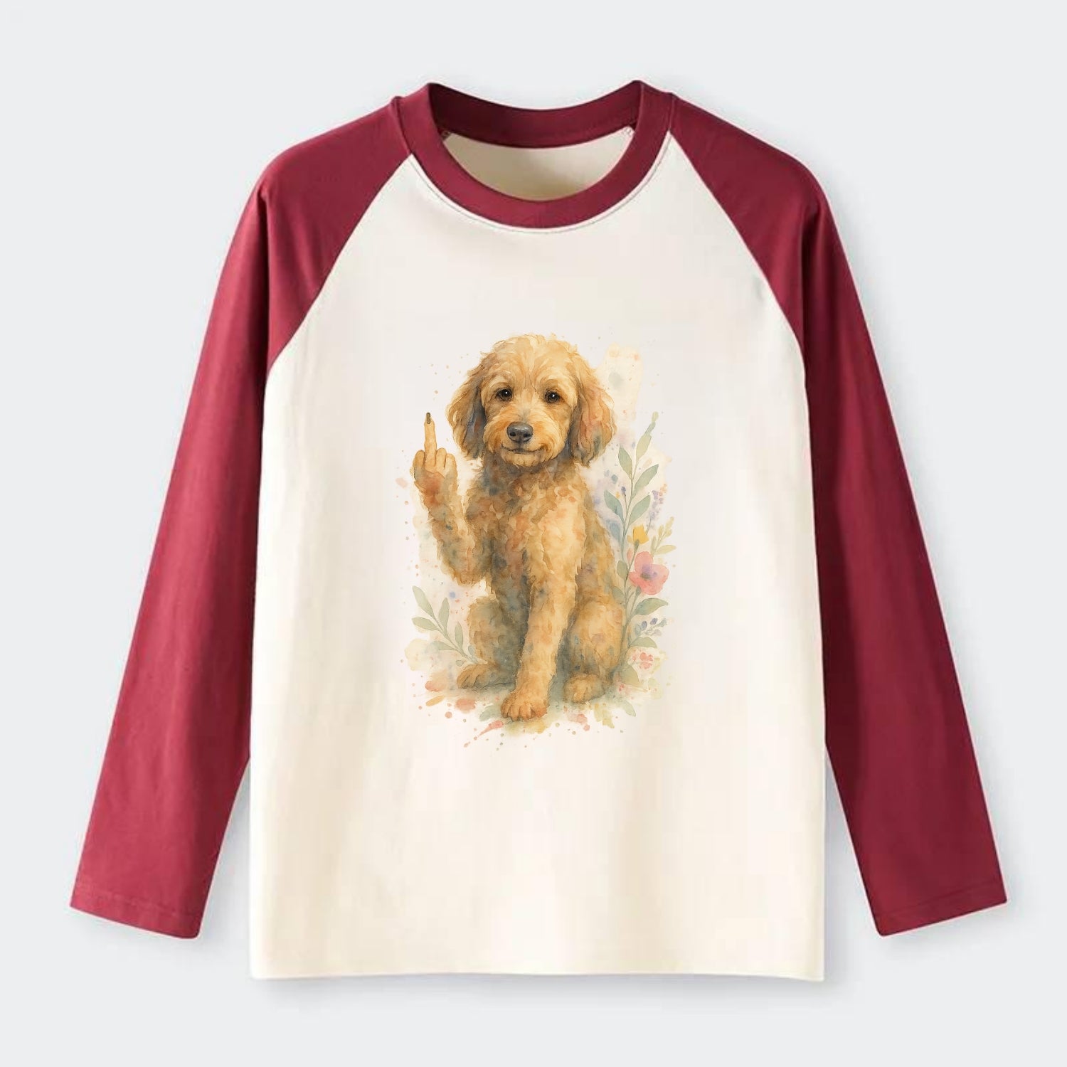 Labradoodle hypoallergenic with wavy coat, intelligent eyes, paw raised - Raglan Long Sleeve T-Shirt - Red