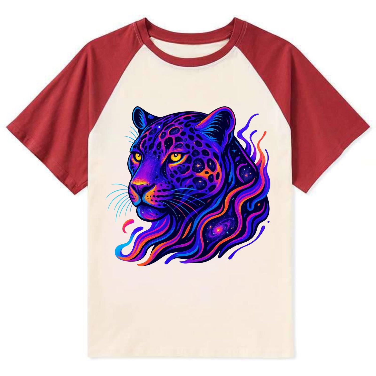 Powerful jaguar with rosettes containing miniature galaxies, cosmic - Contrast Raglan T-shirt - Red