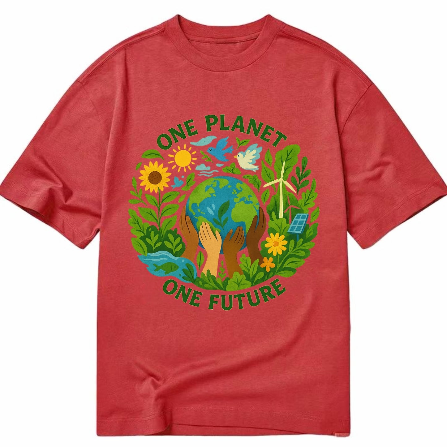 Globe surrounded by hands of all colors working together - "One Planet, One - Classic T-shirt - Red