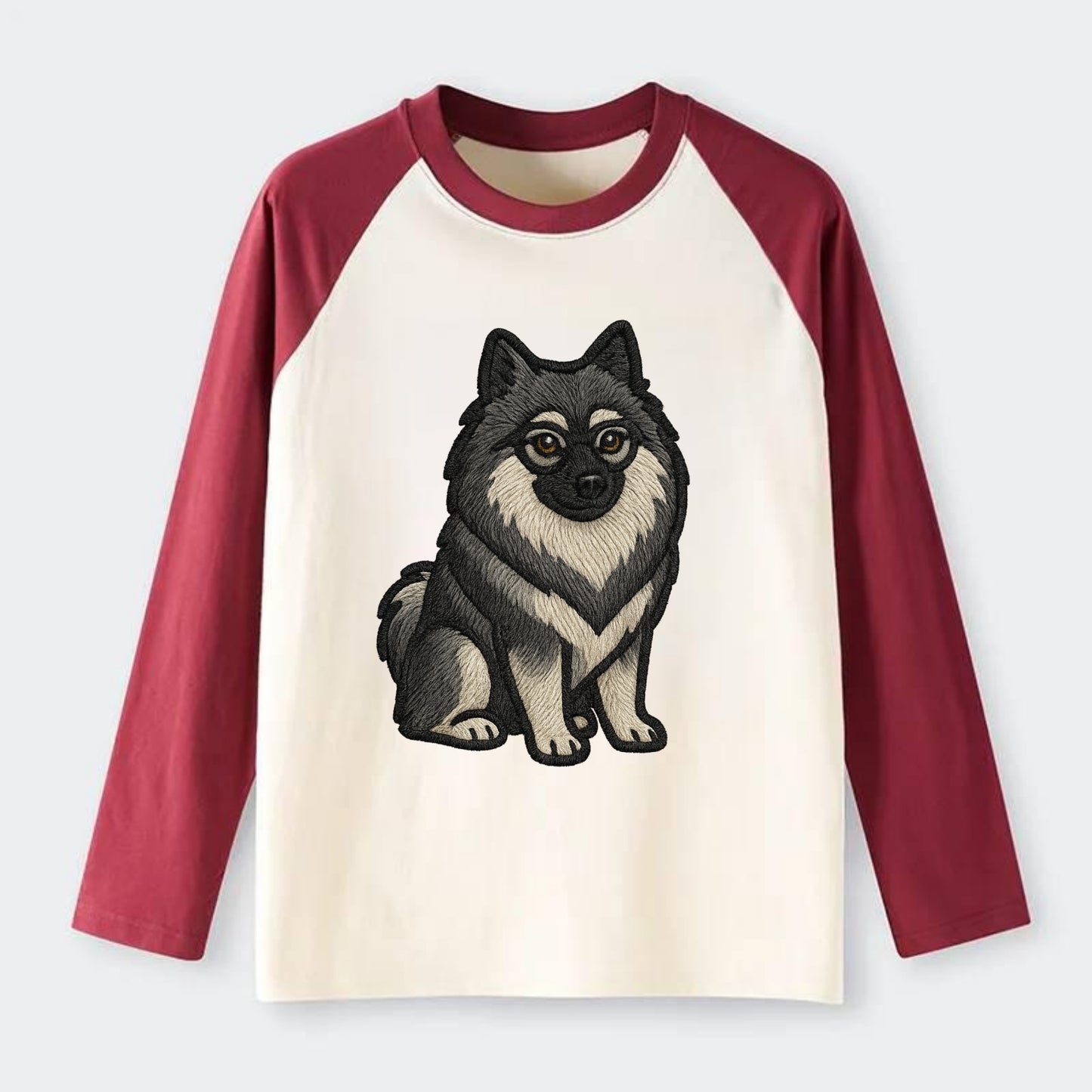 Keeshond - Gray and black spectacles embroidered design - Raglan Long Sleeve T-Shirt - Red