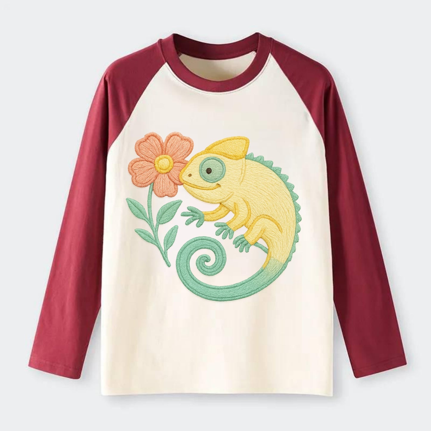 Yellow Chameleon - Raglan Long Sleeve T-Shirt - Red