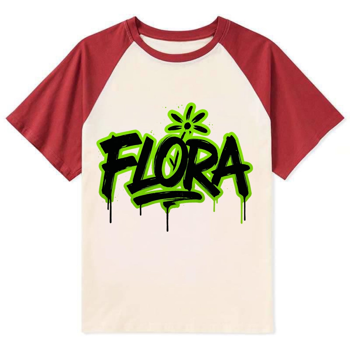 Bold typography design - "FLORA" - plant life, blooming - Contrast Raglan T-shirt - Red