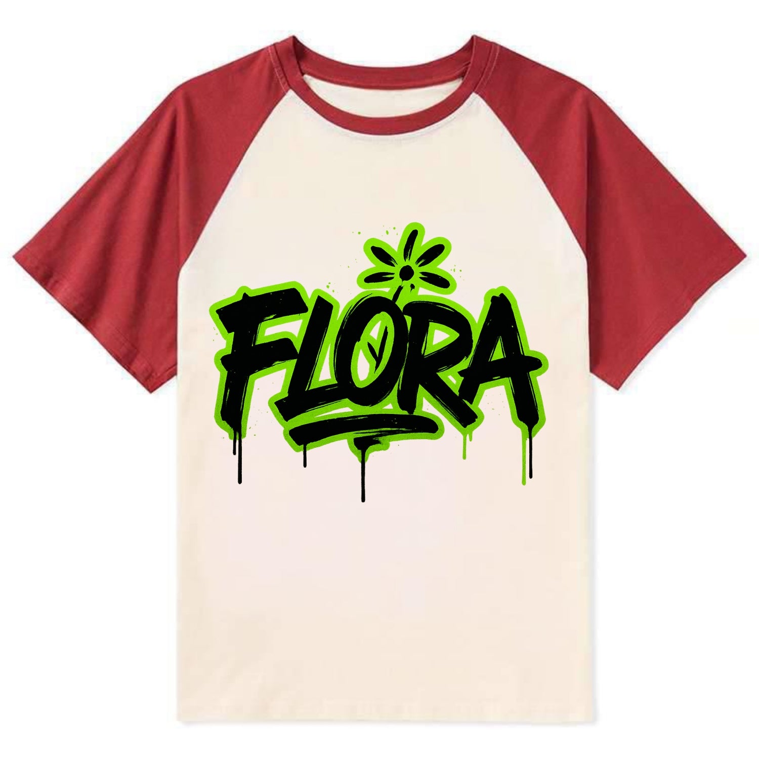 Bold typography design - "FLORA" - plant life, blooming - Contrast Raglan T-shirt - Red