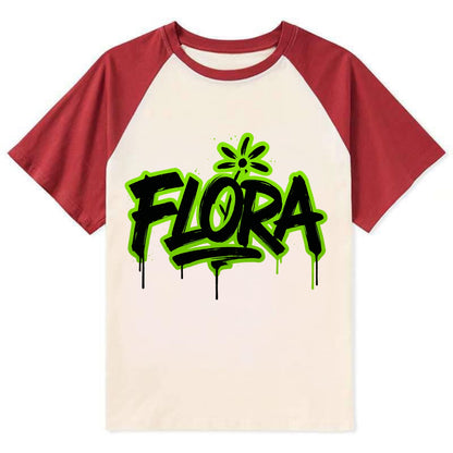 Bold typography design - "FLORA" - plant life, blooming - Contrast Raglan T-shirt - Red
