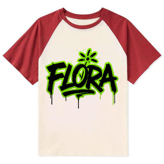 Bold typography design - "FLORA" - plant life, blooming - Contrast Raglan T-shirt - Red