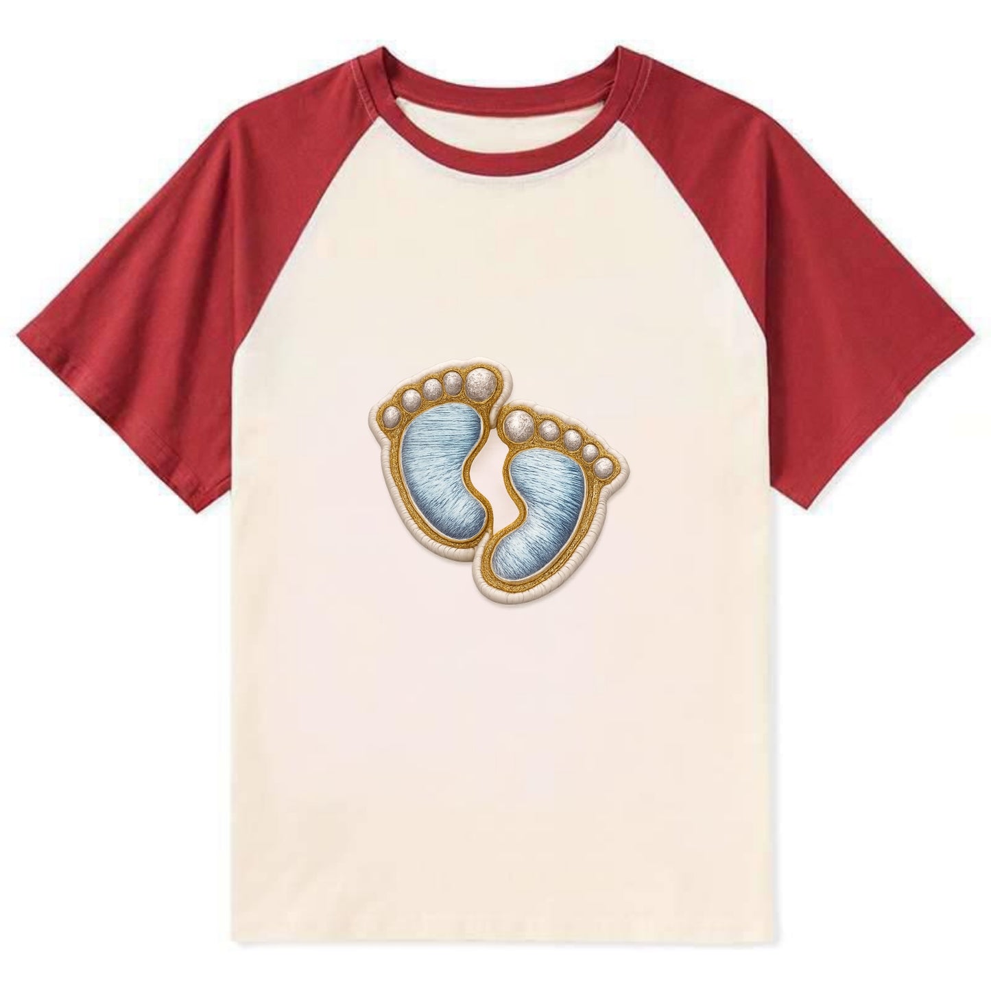 BABY FOOTPRINTS - tiny feet in pink or blue , newborn - Contrast Raglan T-shirt - Red