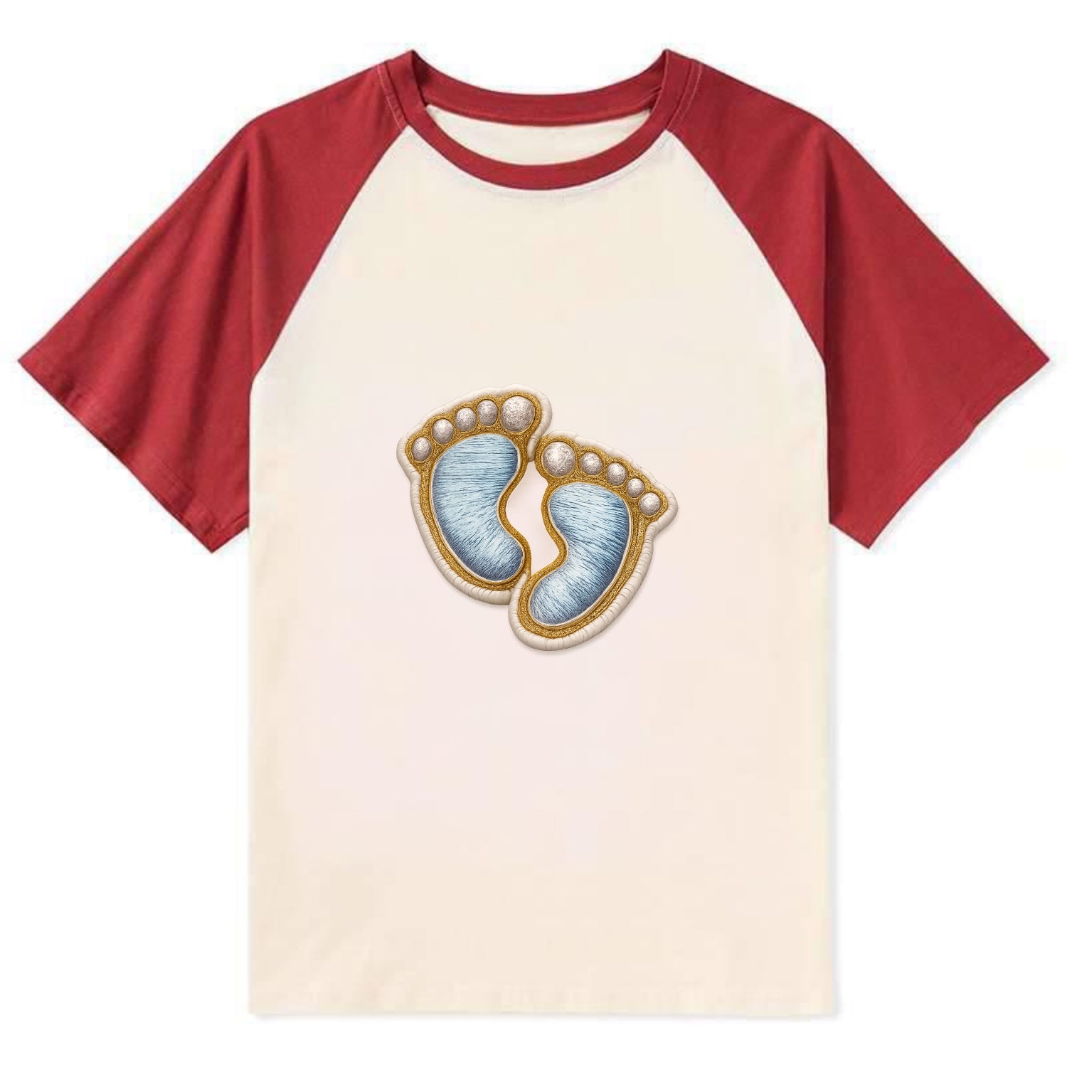 BABY FOOTPRINTS - tiny feet in pink or blue , newborn - Contrast Raglan T-shirt - Red