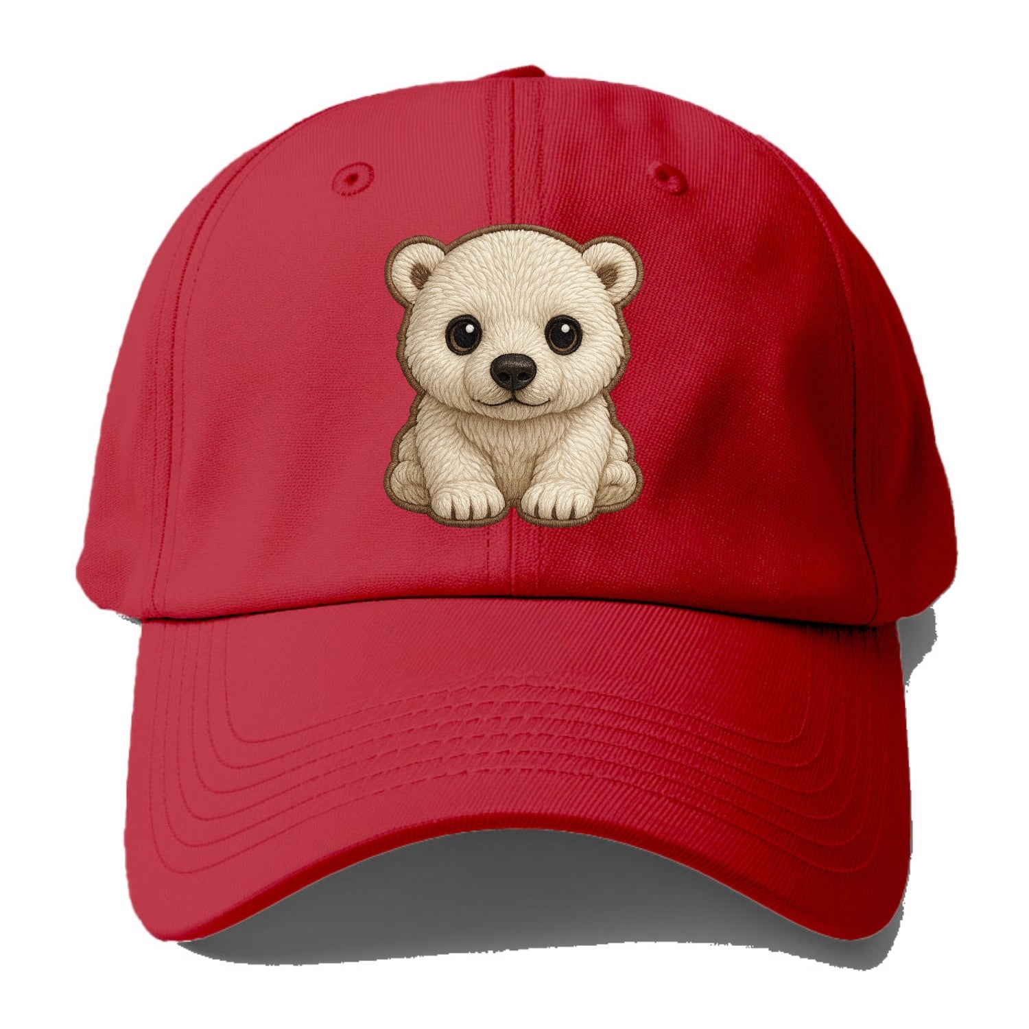 Baby Polar Bear Cub - white fluffy, black nose, dark curious eyes, front-facing, - Baseball Cap - Red
