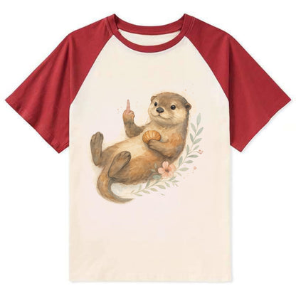 adorable otter floating on back, middle finger up while holding a - Contrast Raglan T-shirt - Red