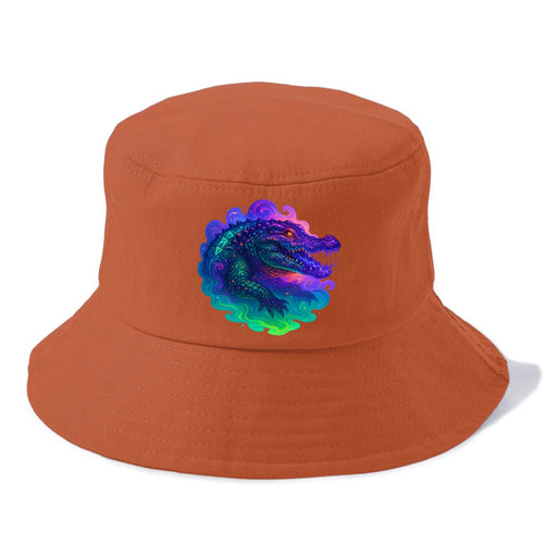 Primordial crocodile with scales pulsing plasma energy in green and purple, ancient - Bucket Hat