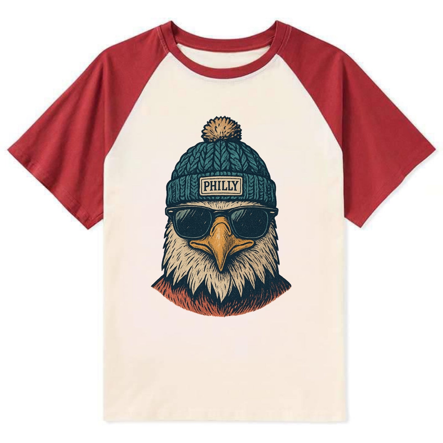 Philadelphia Eagle wearing Philly beanie with pom pom and wayfarer - Contrast Raglan T-shirt - Red