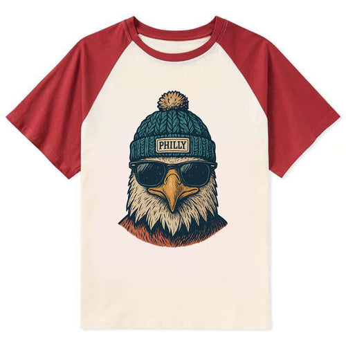 Philadelphia Eagle wearing Philly beanie with pom pom and wayfarer - Contrast Raglan T-shirt