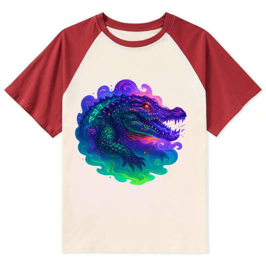 Primordial crocodile with scales pulsing plasma energy in green and - Contrast Raglan T-shirt - Red