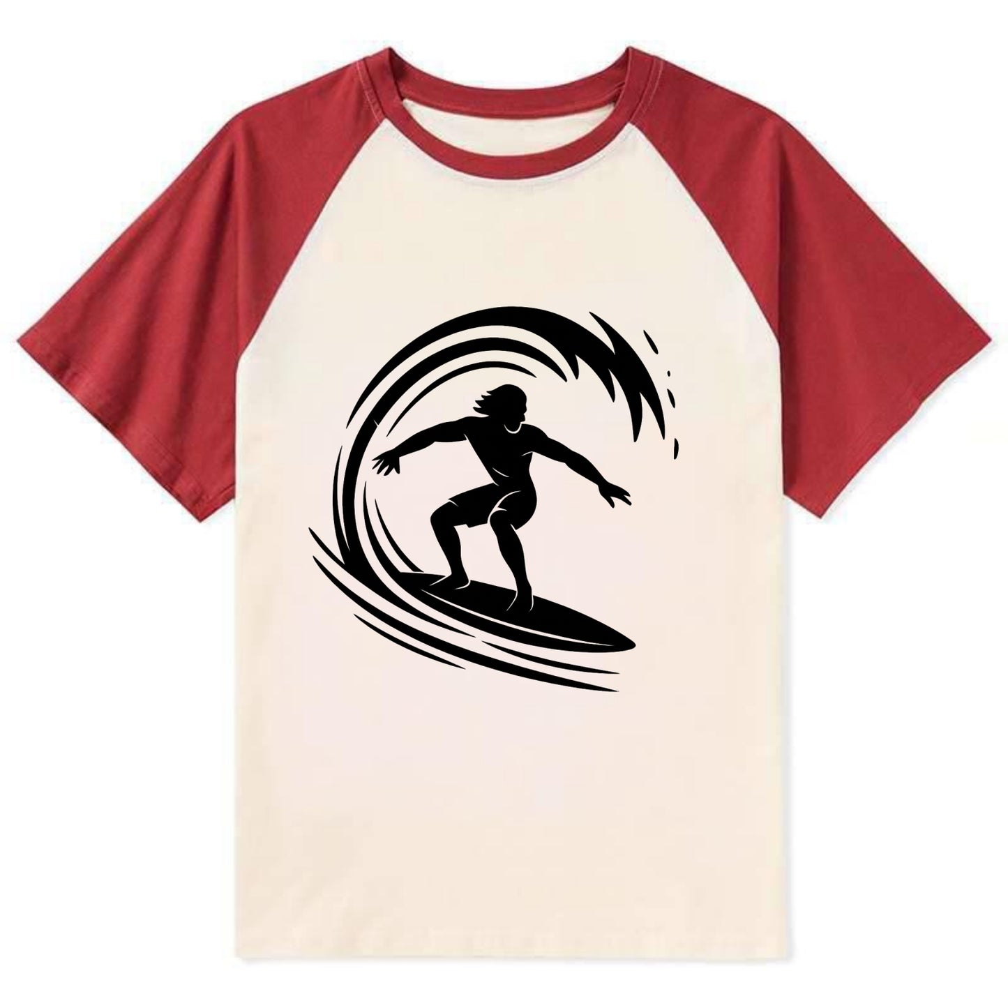 Hawaiian surfer riding big wave - Contrast Raglan T-shirt - Red
