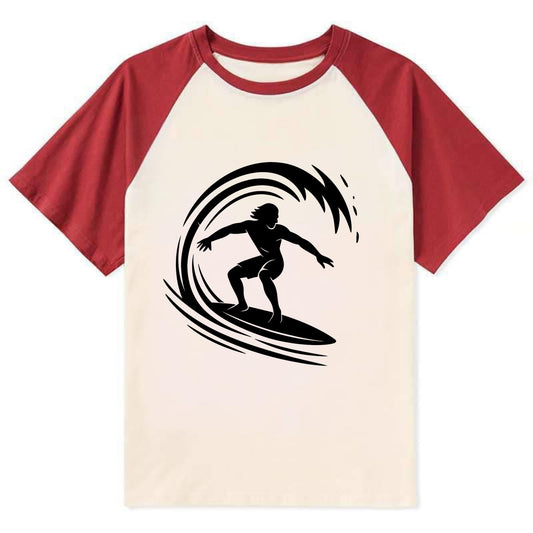 Hawaiian surfer riding big wave - Contrast Raglan T-shirt - Red
