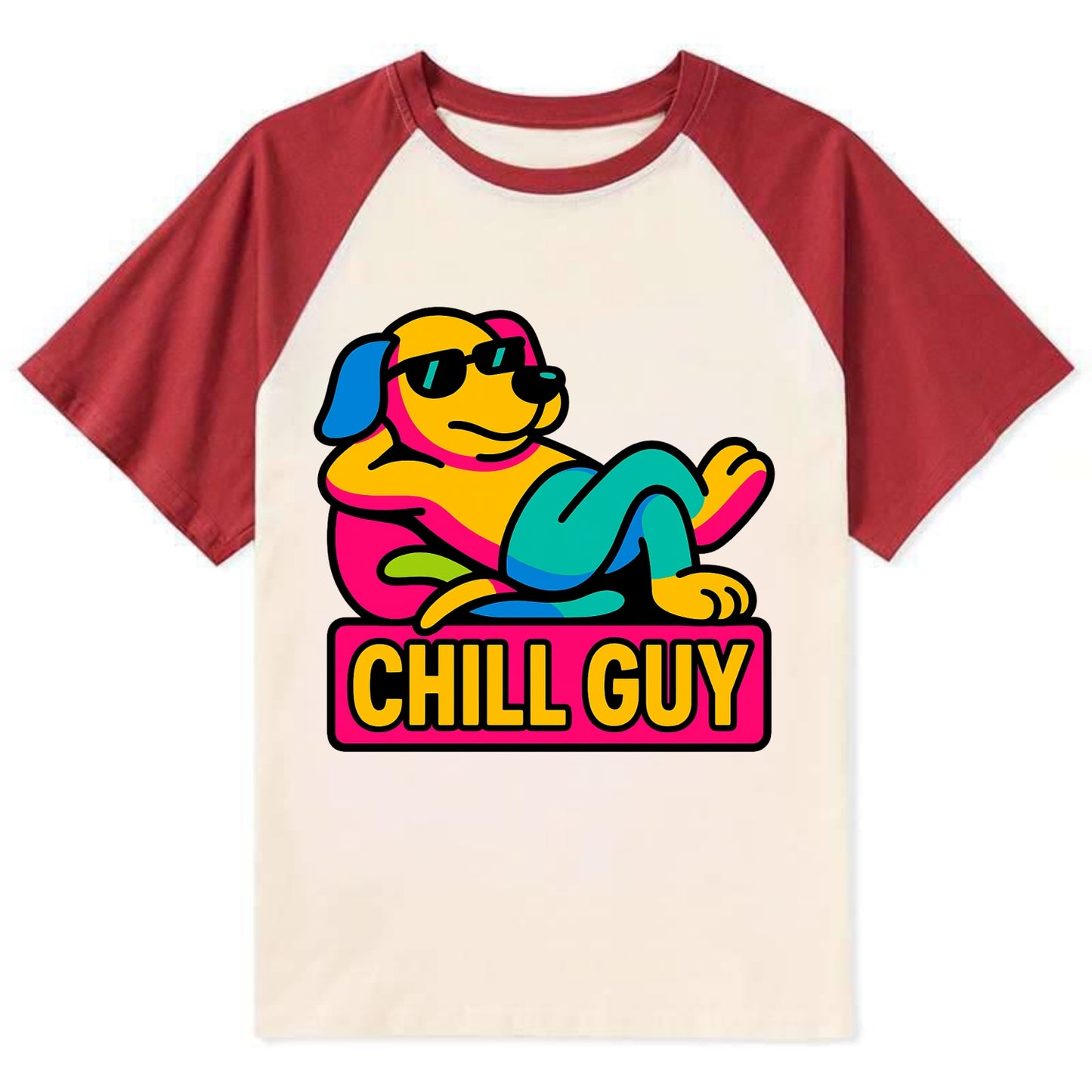 Super relaxed dog character lounging unbothered - "Chill Guy" meme - Contrast Raglan T-shirt - Red