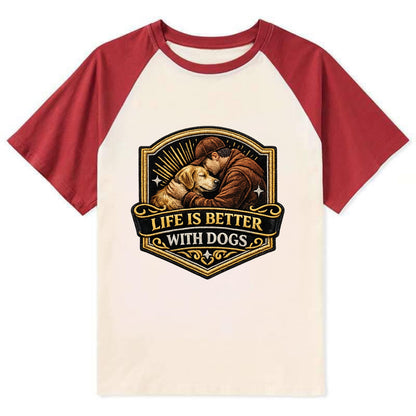 LIFE IS BETTER WITH DOGS - dog and human in brown , dog lover - Contrast Raglan T-shirt - Red
