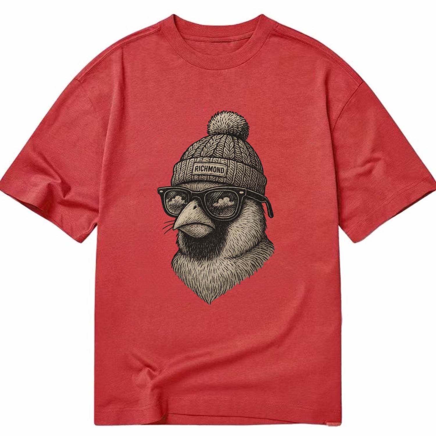 Virginia Cardinal wearing Richmond beanie with pom pom and wayfarer sunglasses - Classic T-shirt - Red