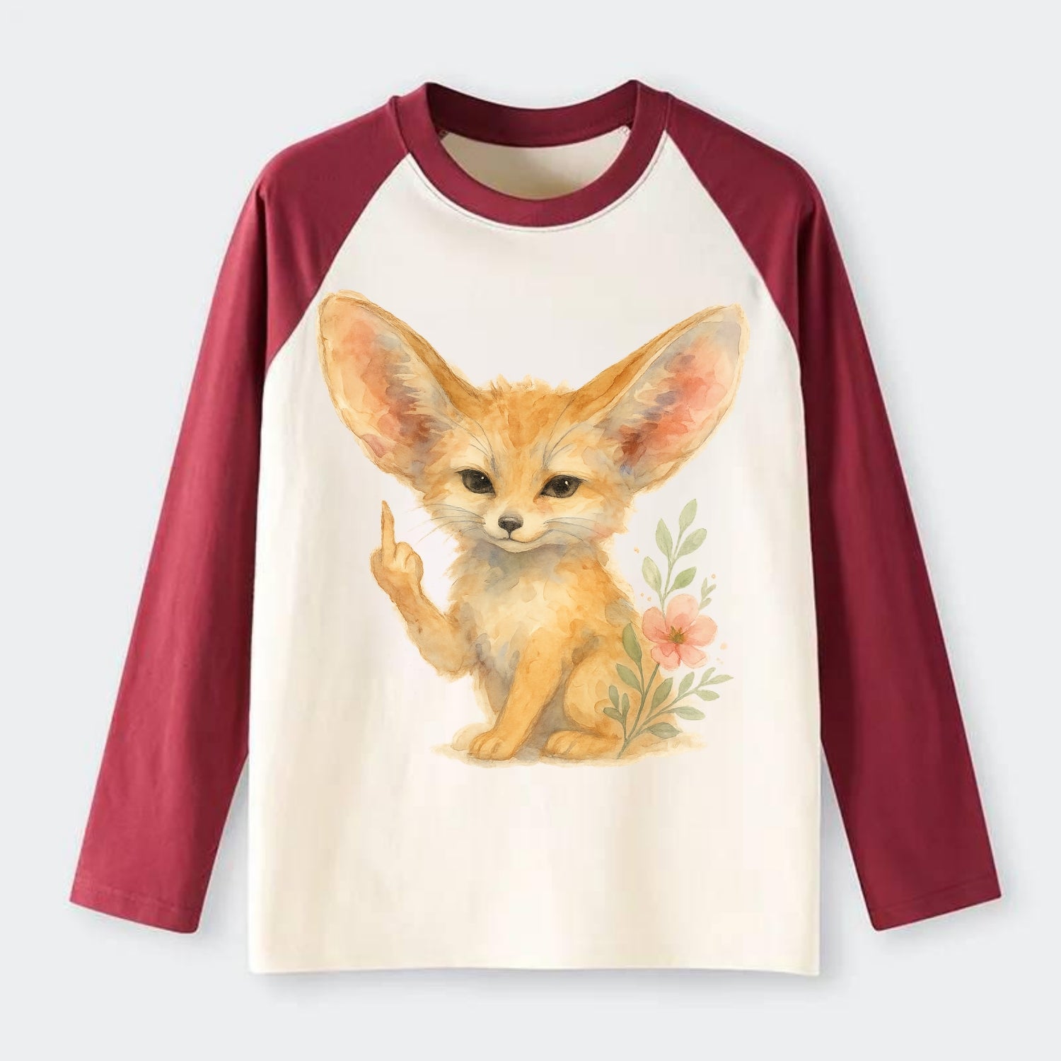 tiny fennec fox with oversized ears, one small paw raised in sass - Raglan Long Sleeve T-Shirt - Red