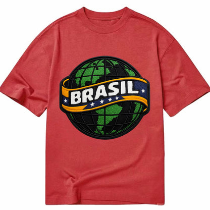 BRAZILIAN FLAG GLOBE - green globe with banner in green yellow blue , Brasil - Classic T-shirt - Red