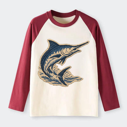 SWORDFISH MARLIN - leaping marlin in blue and silver , sport fishing - Raglan Long Sleeve T-Shirt - Red