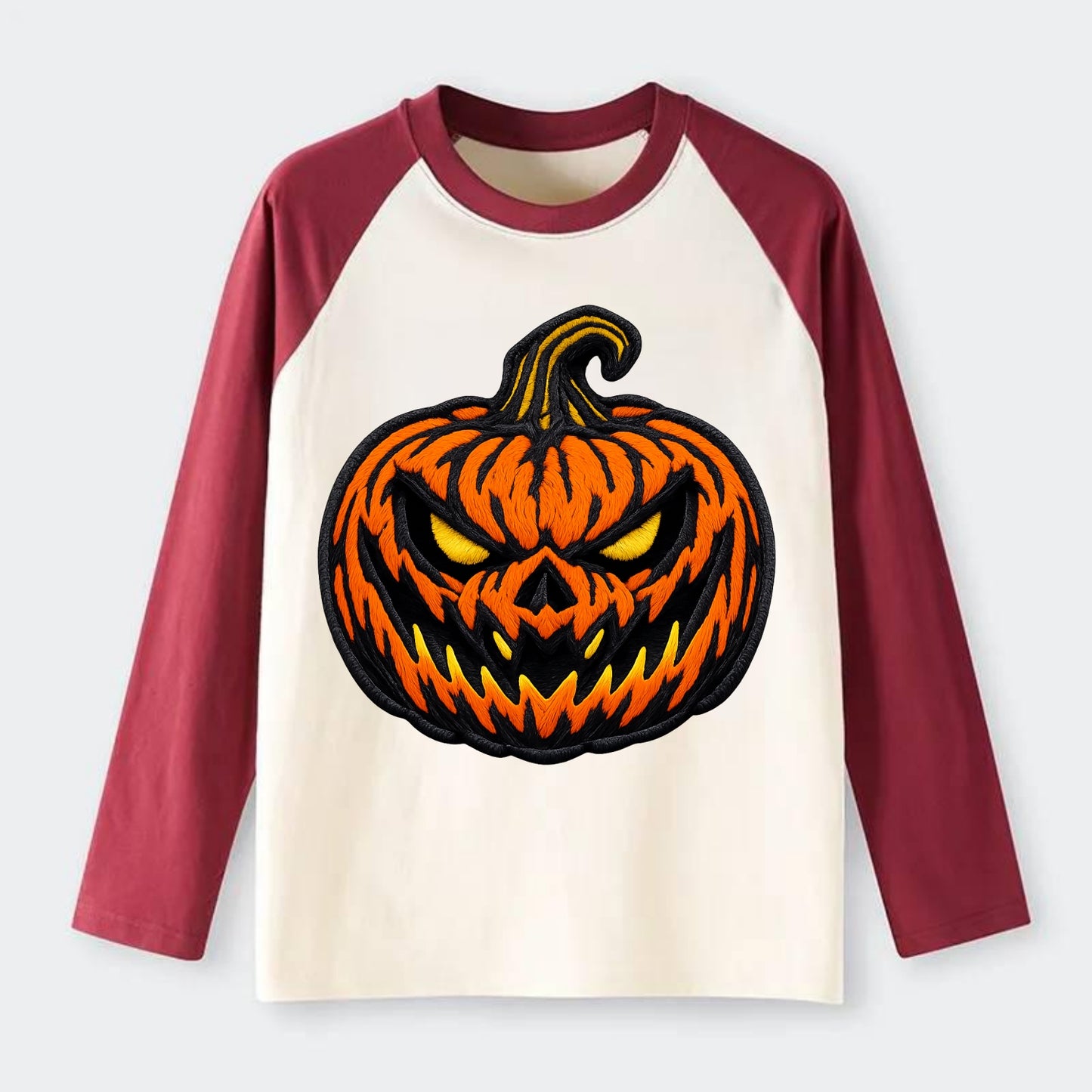 HALLOWEEN PUMPKIN - jack o lantern in orange and black , spooky - Raglan Long Sleeve T-Shirt - Red