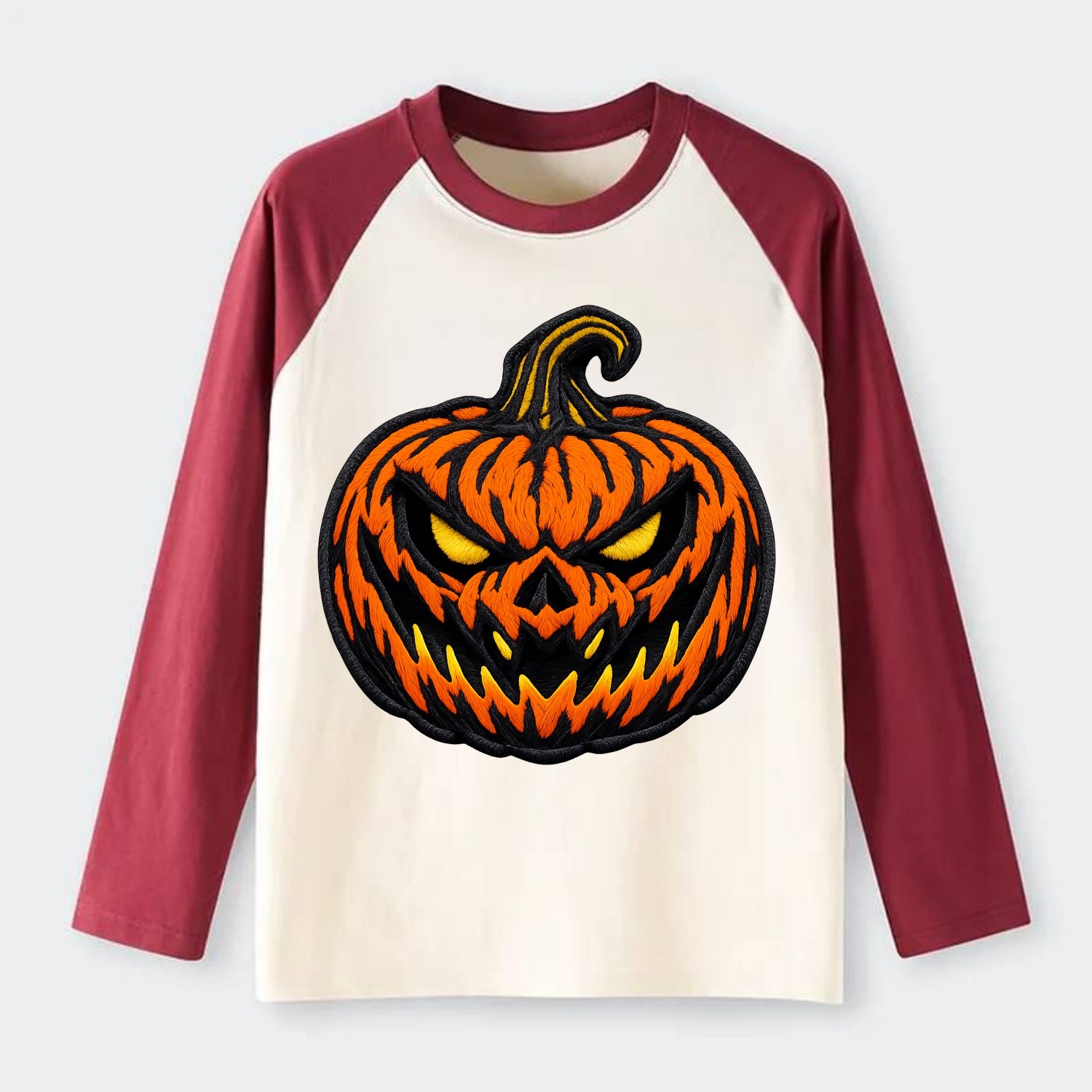 HALLOWEEN PUMPKIN - jack o lantern in orange and black , spooky - Raglan Long Sleeve T-Shirt - Red