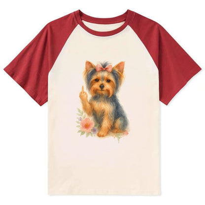 Yorkshire Terrier with topknot bow, one delicate paw flipping off - Contrast Raglan T-shirt - Red