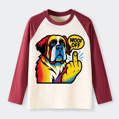 Saint Bernard with gentle giant face and droopy jowls, huge paw raised - Raglan Long Sleeve T-Shirt - Red