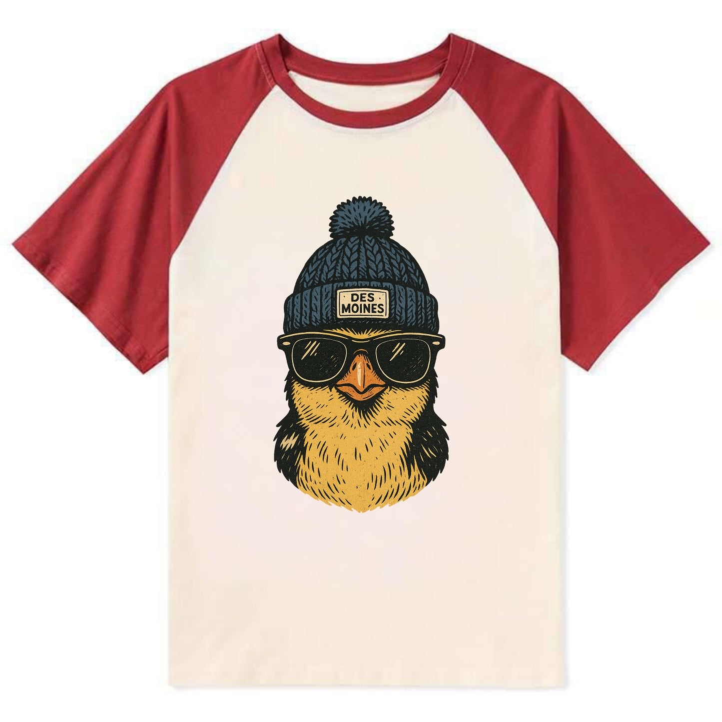 Iowa Goldfinch wearing Des Moines beanie with pom pom and wayfarer - Contrast Raglan T-shirt - Red