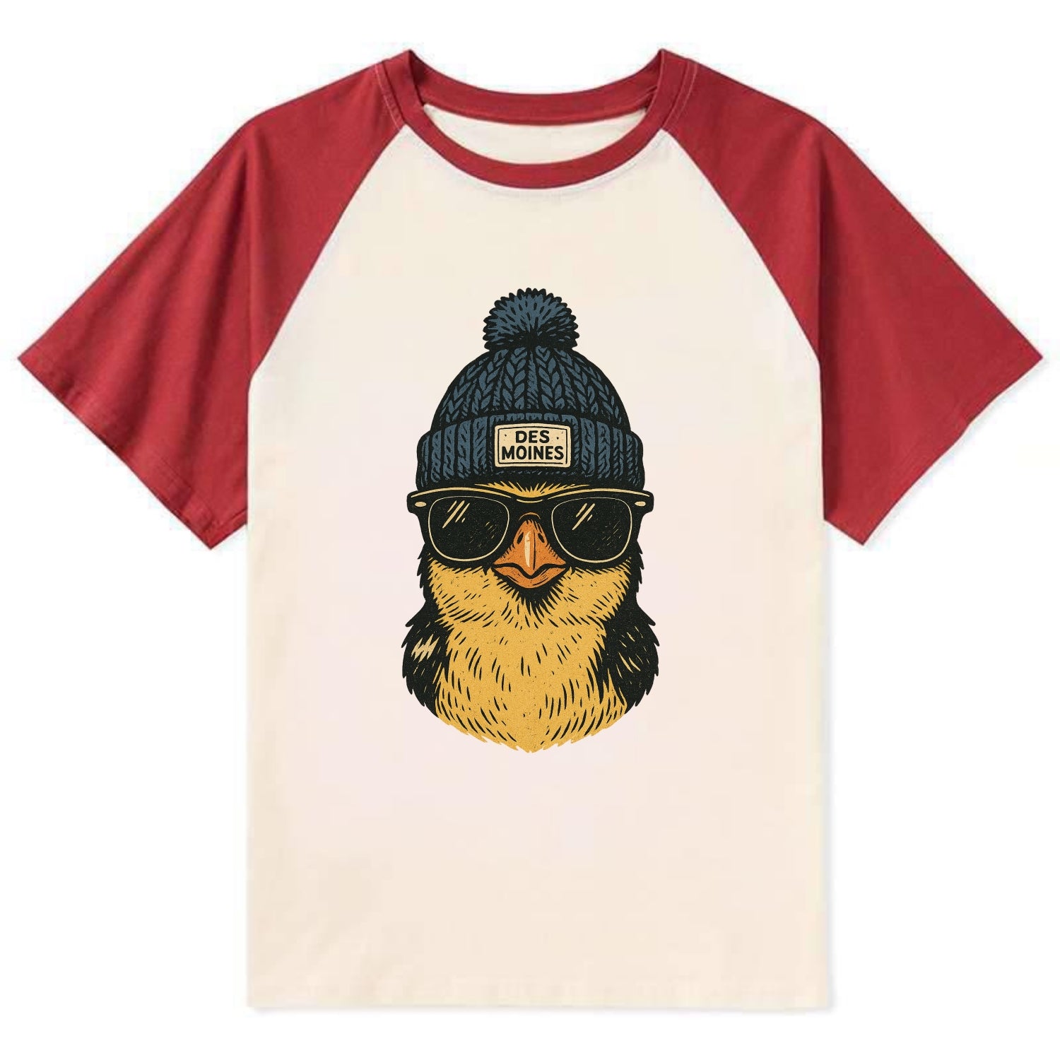 Iowa Goldfinch wearing Des Moines beanie with pom pom and wayfarer - Contrast Raglan T-shirt - Red