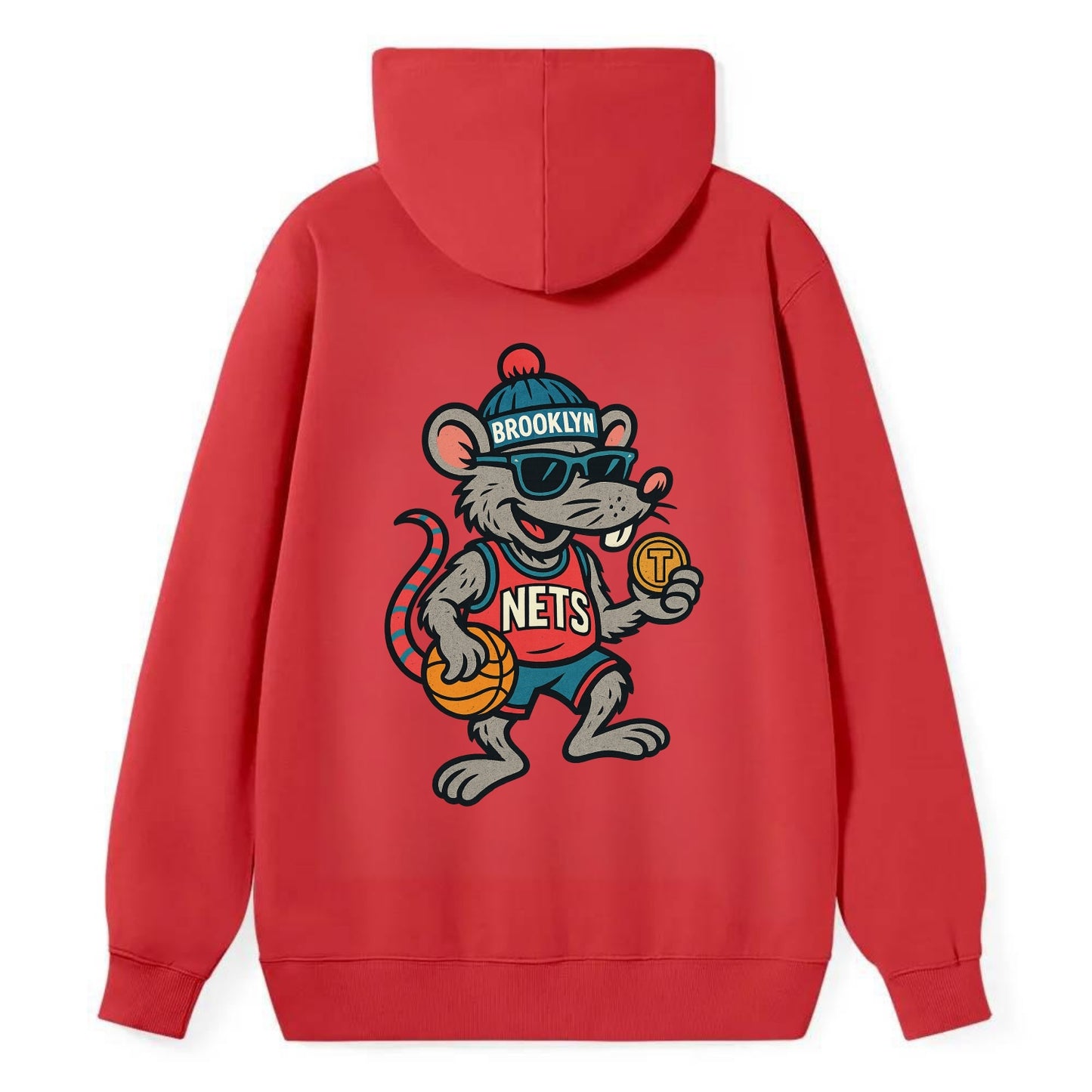Brooklyn Rat wearing Nets beanie with subway token and wayfarer sunglasses - Classic Pullover Hoodie - Red