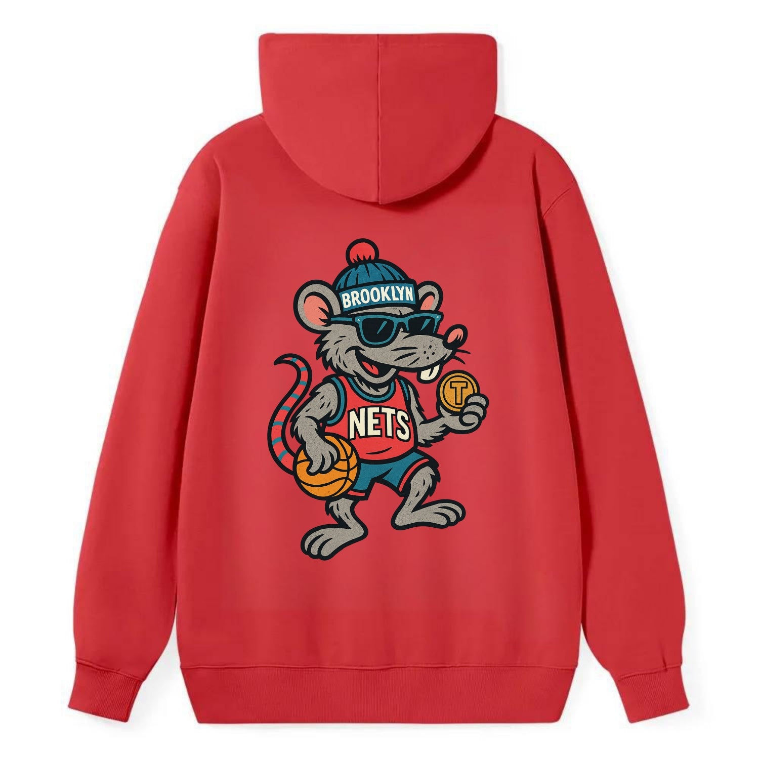 Brooklyn Rat wearing Nets beanie with subway token and wayfarer sunglasses - Classic Pullover Hoodie - Red