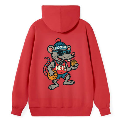 Brooklyn Rat wearing Nets beanie with subway token and wayfarer sunglasses - Classic Pullover Hoodie - Red