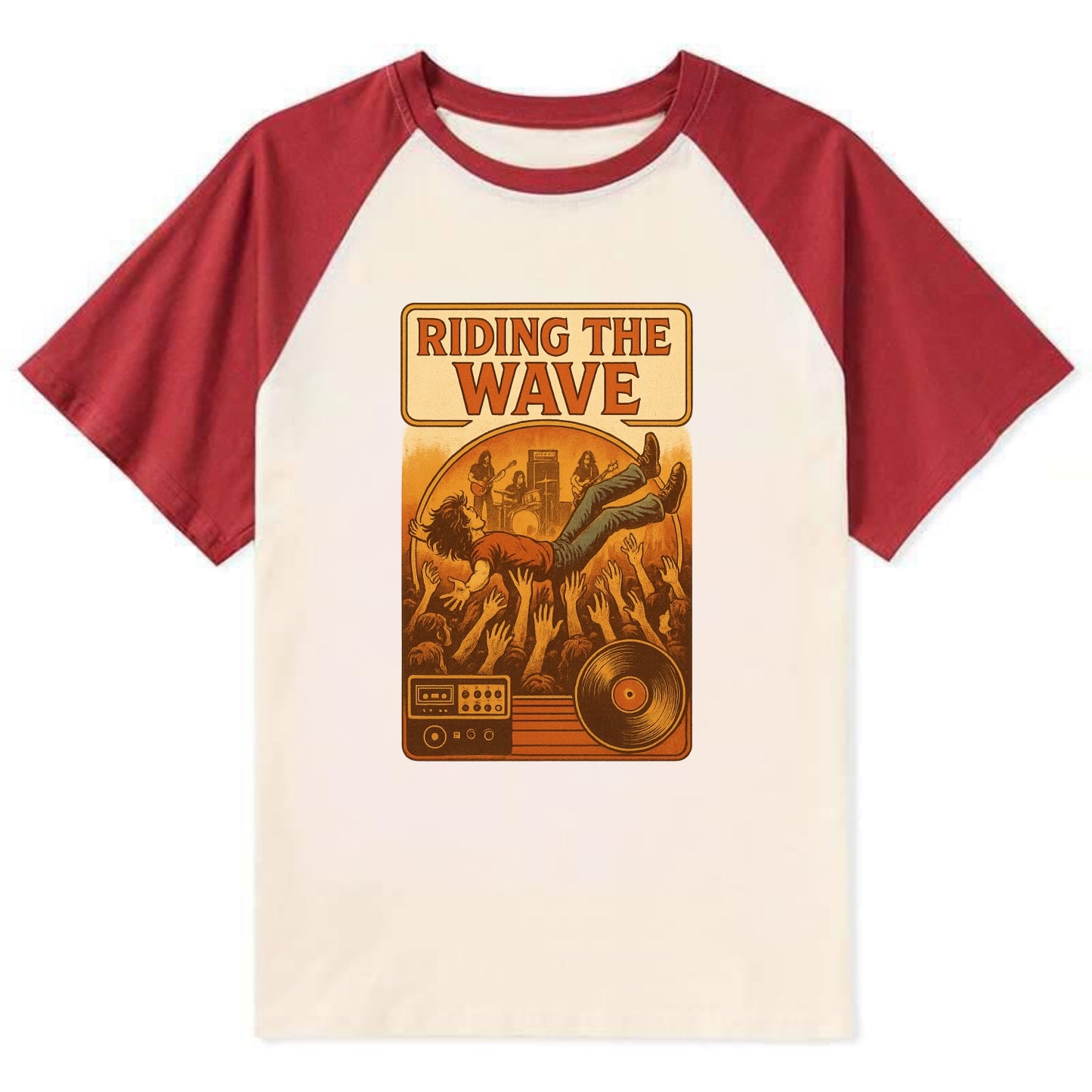 Crowd surfing at packed concert - "Riding the Wave" - concert energy - Contrast Raglan T-shirt - Red
