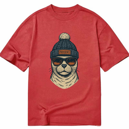 Rhode Island Harbor Seal wearing Providence beanie with pom pom and wayfarer - Classic T-shirt - Red