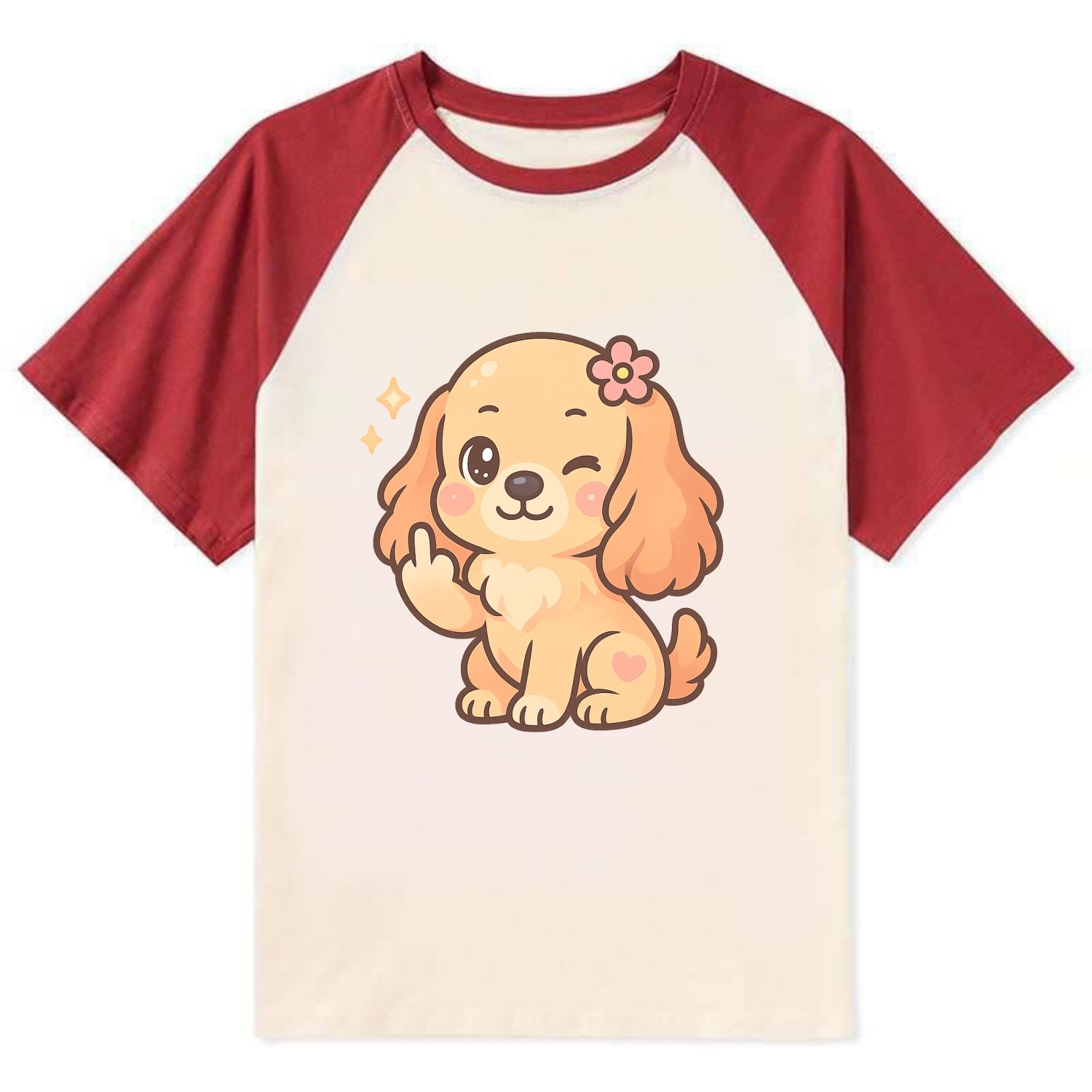 Cocker Spaniel with long wavy ears, gentle face, paw flipping off - Contrast Raglan T-shirt - Red