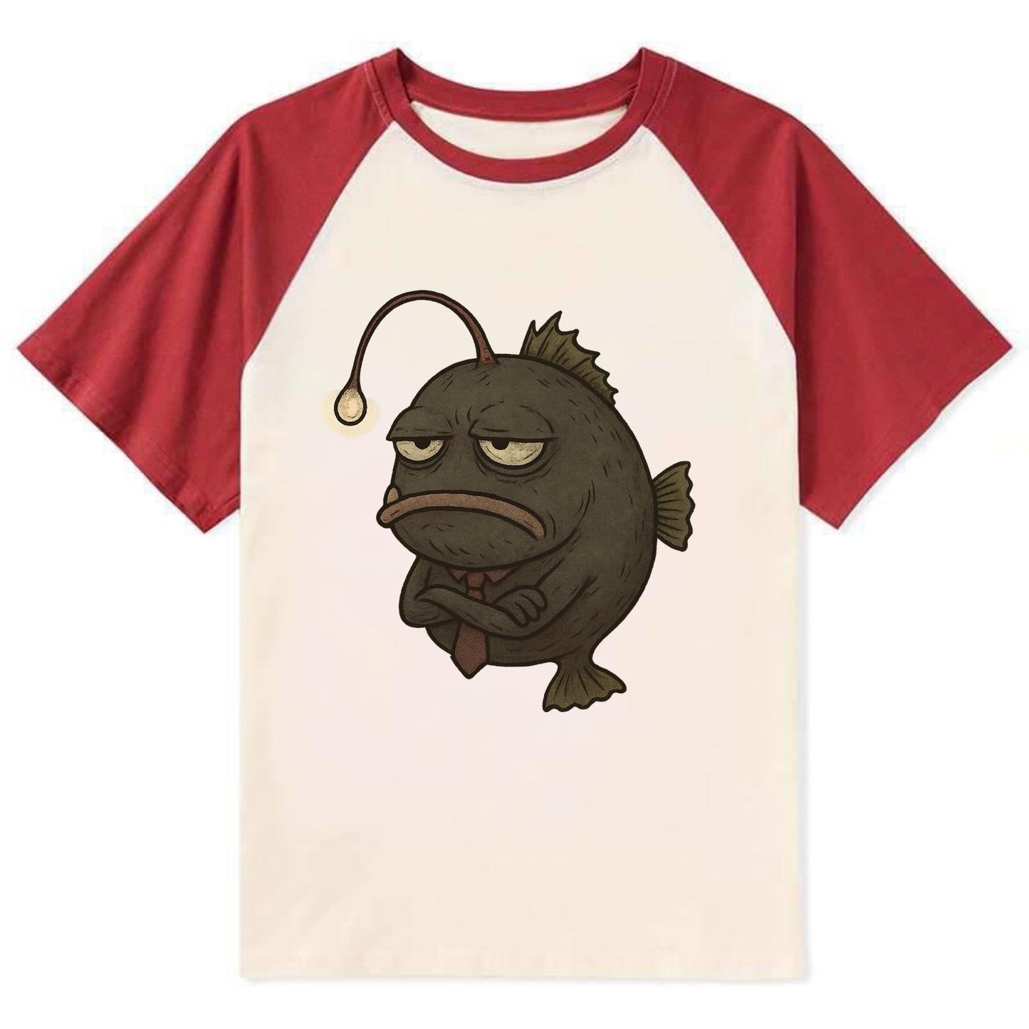 THE ANGLERFISH LURES DISAPPOINTMENT | Dark gray anglerfish with dim light - Contrast Raglan T-shirt - Red