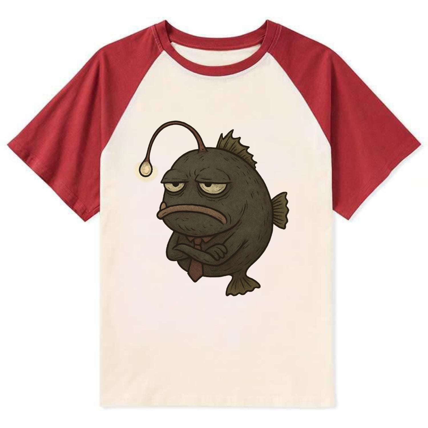THE ANGLERFISH LURES DISAPPOINTMENT | Dark gray anglerfish with dim light - Contrast Raglan T-shirt - Red