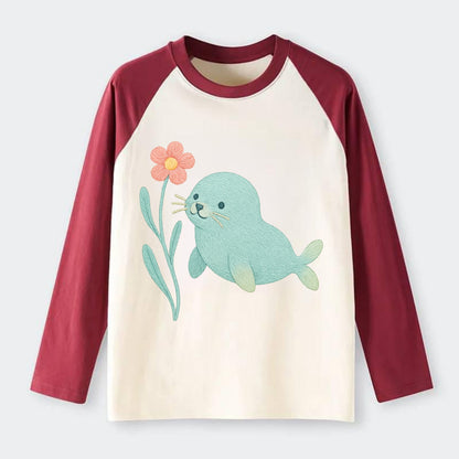 Mint Seal Pup - Raglan Long Sleeve T-Shirt - Red