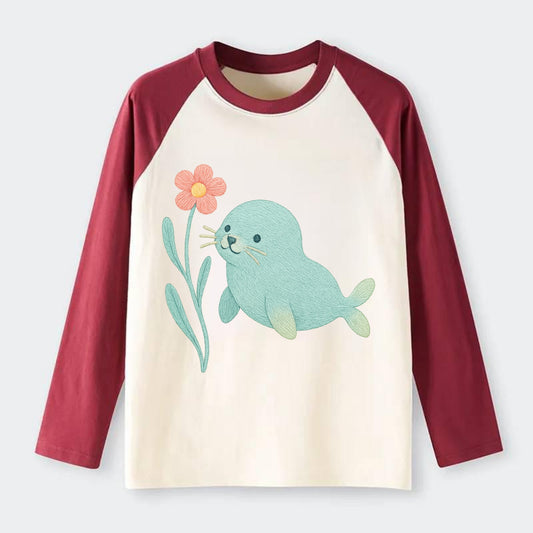 Mint Seal Pup - Raglan Long Sleeve T-Shirt - Red
